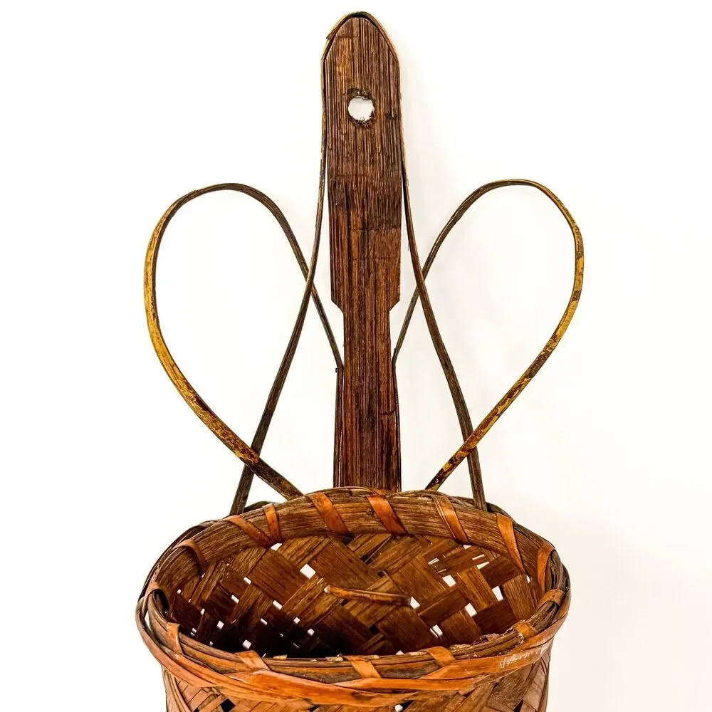 Vintage Primitive Woven Splint Wall Basket Rustic Folk Art Hanging Storage Decor